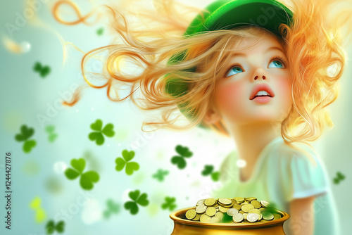 A festive digital illustration of a blonde girl in a green St. Patrick's Day hat holding a pot of gold coins, surrounded by four-leaf clovers. Perfect for Irish-themed, cheerful, or celebratory design photo