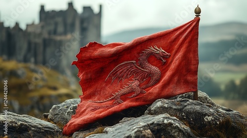 Striking Composition of a Single Red Dragon Emblem on a Dark Background photo