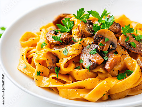 Cremige Pasta mit Pilzen und frischer Petersilie in einer Schüssel

 photo