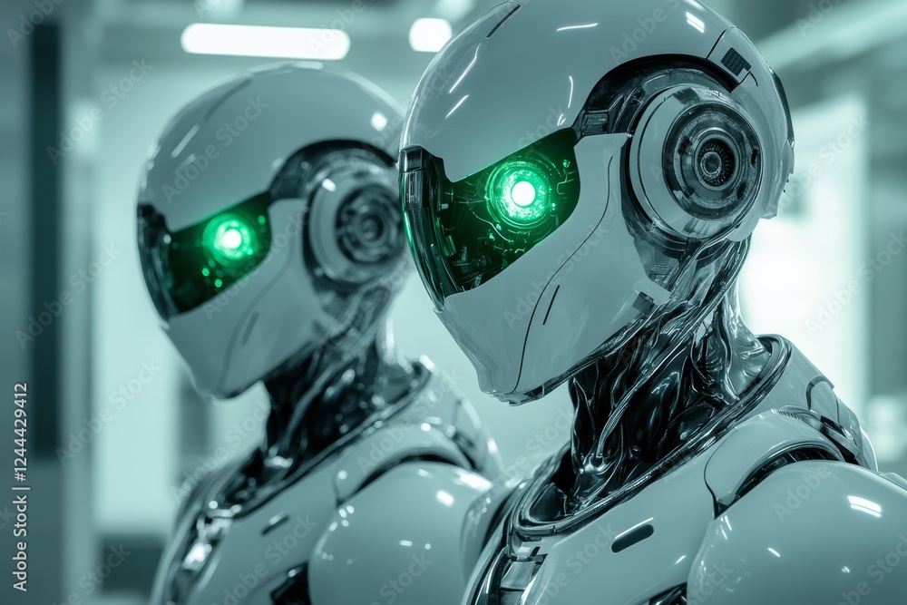Fototapeta premium Futuristic robots with glowing eyes in high-tech setting