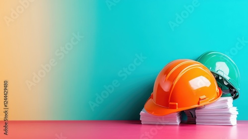 A pair of colorful hard hats rests on a stack of papers, highlighting the importance of safety and teamwork in construction amidst a lively setting. photo