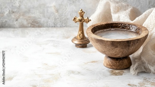 Holy water symbolizing baptism and purification with christian icons on a white background photo