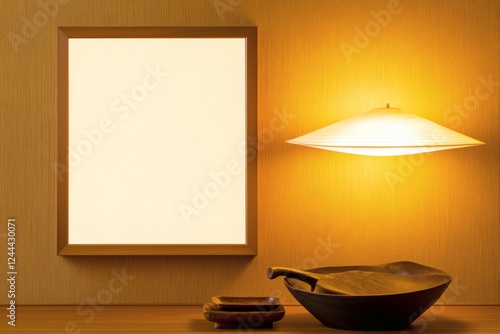 Illuminated serene scene with frame, lamp and wooden objects on textured wall