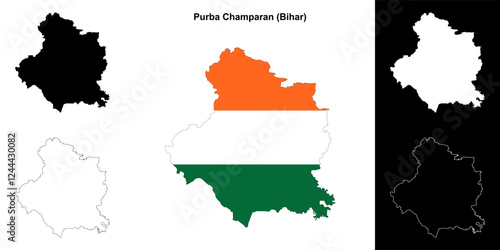 Purba Champaran district (Bihar) blank outline map set