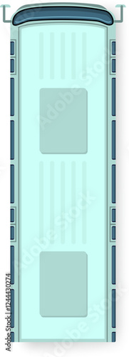 Aerial view of a light green bus roof with two open emergency exit hatches revealing the interior ceiling panels, providing a unique perspective on vehicle safety and design
