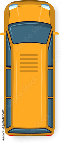 Illustration showing a top down view of a classic yellow school bus with dark tinted windows, emphasizing its iconic design and structure. Ideal for educational and transportation themes
