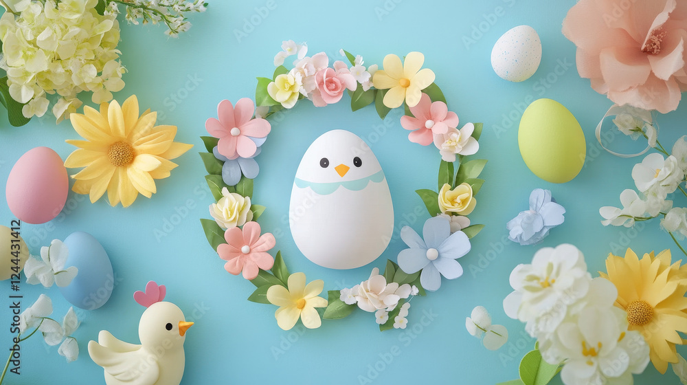 Easter egg with flower banner template set. Decorated Easter egg on spring flower meadow with green grass, chicken chick, egg hunt basket, tulip, lily, crocus and snowdrop wreath with ribbon and bow Easter egg with flower banner template set. Decorated Easter egg on spring flower meadow with green grass, chicken chick, egg hunt basket, tulip, lily, crocus and snowdrop wreath with ribbon and bow