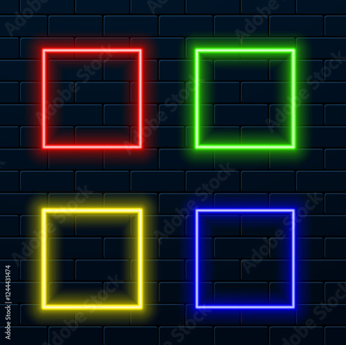 Cube-shaped empty neon sign with lighting on brick wall