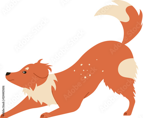 Adorable cartoon style illustration of a playful dog stretching with a bushy tail and fluffy fur, showcasing a lively and energetic pose. Ideal for pet themed designs and childrens materials
