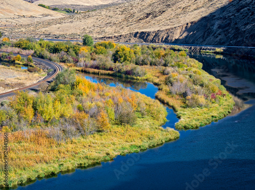 USA, Washington State, Kittitas County. The Yakima River along the canyon road in Kittitas County in fall. photo