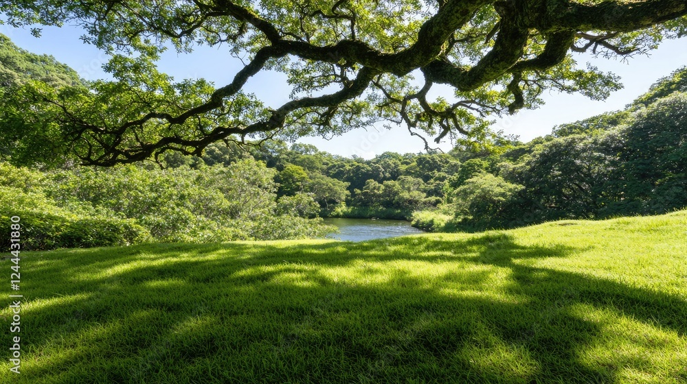 Fototapeta premium Lush green meadow, tree canopy, tranquil pond, sunny day, nature scene