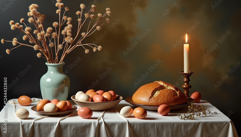 Oil painting of traditional Easter table with dyed eggs, bread, and willow Oil painting of traditional Easter table with dyed eggs, bread, and willow