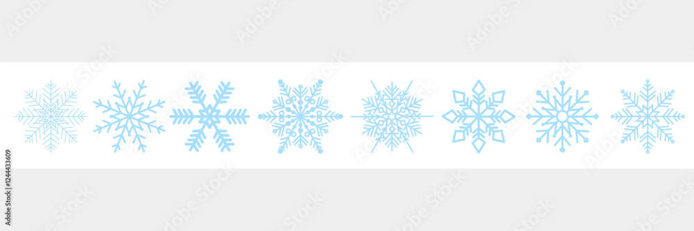 Collection of geometric snowflakes. Flat elements of different snowflake shapes. Set of snowflakes for holiday banner, postcard or decoration. New Year vector ornament. Collection of geometric snowflakes. Flat elements of different snowflake shapes. Set of snowflakes for holiday banner, postcard or decoration. New Year vector ornament.