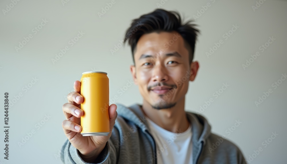 Asian man holding sports nutrition can mockup in casual sportswear with direct eye contact against neutral background with soft even lighting and sharp focus Asian man holding sports nutrition can mockup in casual sportswear with direct eye contact against neutral background with soft even lighting and sharp focus