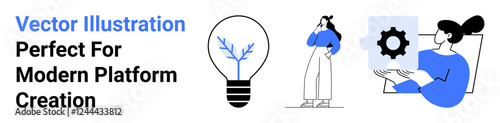Lightbulb with branching idea, a woman thinking, and a gear in hand symbolizing brainstorming, innovation, and systems. Ideal for technology, leadership, teamwork, strategy solutions creativity