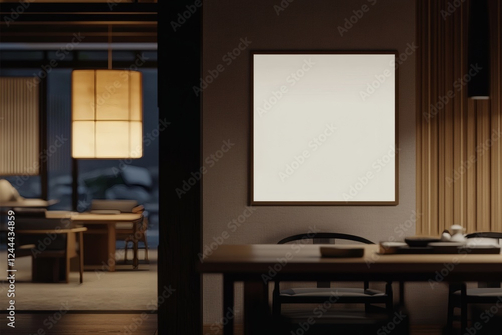 Minimalist interior with blank canvas, lantern and wooden accents creating a peaceful ambiance Minimalist interior with blank canvas, lantern and wooden accents creating a peaceful ambiance