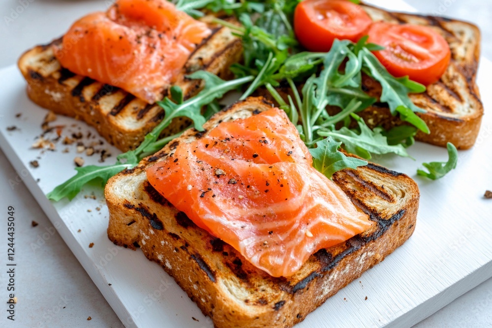 Savory grilled toast topped with fresh salmon and vibrant arugula garnished with tomatoes Savory grilled toast topped with fresh salmon and vibrant arugula garnished with tomatoes
