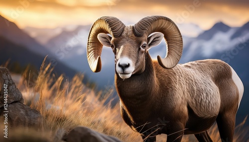 Striking Closeup of Bighorn Rams Majestic Horns Against a Snowy Rocky Landscape at Dawn in the American West, Showcasing Winter Wilderness and the Power of Nature. photo