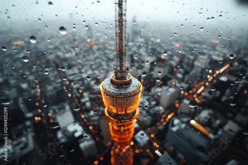 A cityscape featuring a telecommunication tower fitted with a 5G cellular network antenna, illustrating the concept of global connection and internet networking
