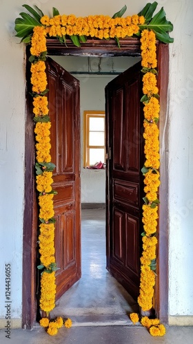 Festive marigold garland decorated doorway for traditional celebration. Holika Dahana photo