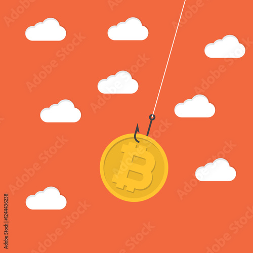 Bitcoin cryptocurrency scam or fraud. A bitcoin with fishing hook. Online digital currency risk	