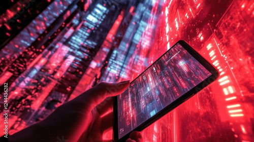 A user holds a smartphone reflecting a glowing digital environment filled with futuristic data streams, holographic elements, and cyberpunk-inspired technology in a high-tech virtual setting. photo