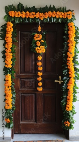 Traditional floral door decoration with marigold garland for festive home entrance. Holika Dahana photo