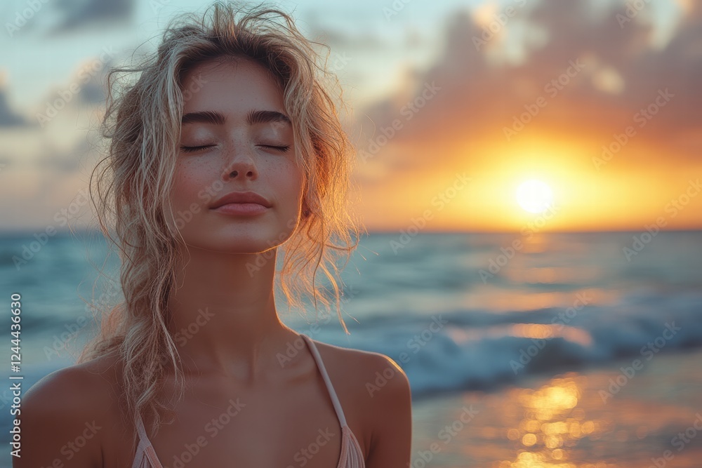 Woman practices meditation by the ocean at sunset for tranquility and mindfulness Woman practices meditation by the ocean at sunset for tranquility and mindfulness
