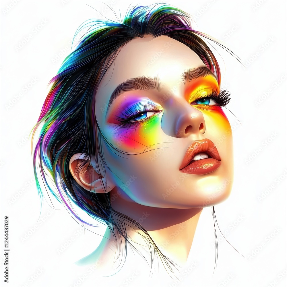 Obraz premium young woman with vibrant eyeshadow in rainbow colors, isolated on white