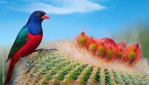 Vivid Desert Scene Campylorhynchus yucatanicus Perched on a Prickly Cactus against an Orangish Sunset Sky photo