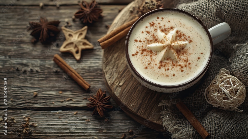 Warm spiced beverage in a mug, adorned with a star-shaped topping and surrounded by cinnamon sticks and star anise. Warm spiced beverage in a mug, adorned with a star-shaped topping and surrounded by cinnamon sticks and star anise.