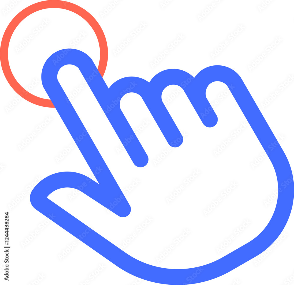 Stylized blue hand cursor is touching a red button, representing a click or interaction with a digital interface, emphasizing concepts of user interface, online activity, and modern technology Stylized blue hand cursor is touching a red button, representing a click or interaction with a digital interface, emphasizing concepts of user interface, online activity, and modern technology
