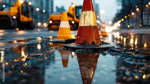 Rain-soaked traffic cones stand resolutely on a city street at dusk, reflecting vibrant lights that symbolize the intersection of urban life and the elements in an evocative setting. photo