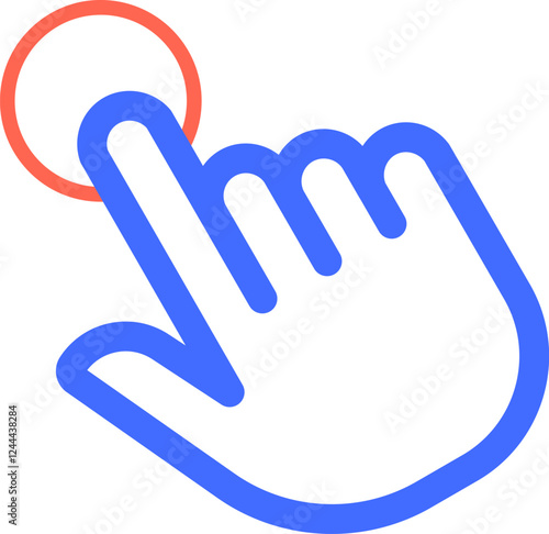 Stylized blue hand cursor is touching a red button, representing a click or interaction with a digital interface, emphasizing concepts of user interface, online activity, and modern technology