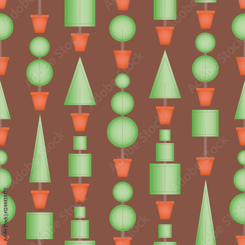 Cute topiary tree seamless illustration pattern. Vector background of geometric trees in pots.