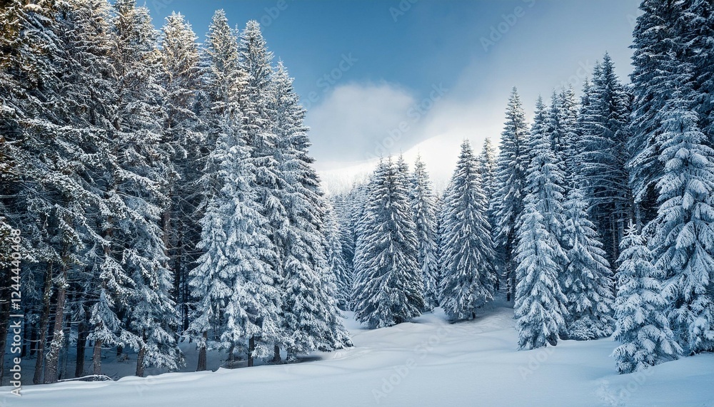 Obraz premium snow covered pine trees in a wintertime forest winter snowy pine trees forest cold tranquil scenic