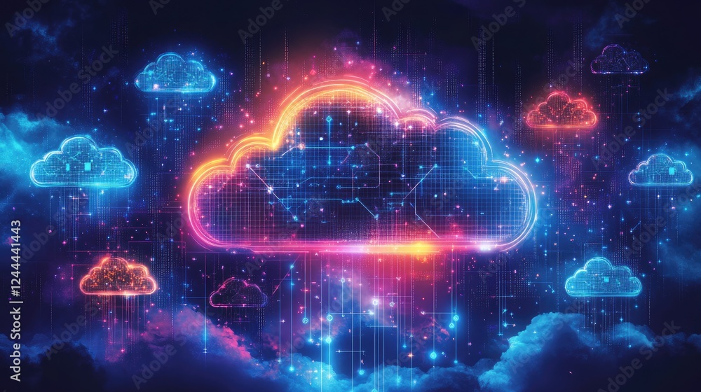 Obraz premium Vibrant digital cloud representation with neon colors and data flow.