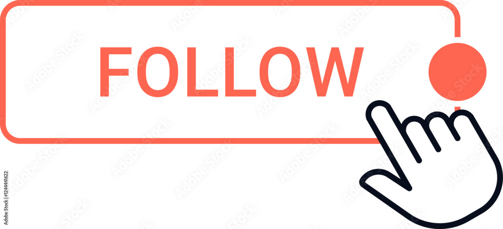 Illustration of a hand icon clicking a follow button, symbolizing social media engagement and online interaction. The button features a red circle, emphasizing user action Illustration of a hand icon clicking a follow button, symbolizing social media engagement and online interaction. The button features a red circle, emphasizing user action