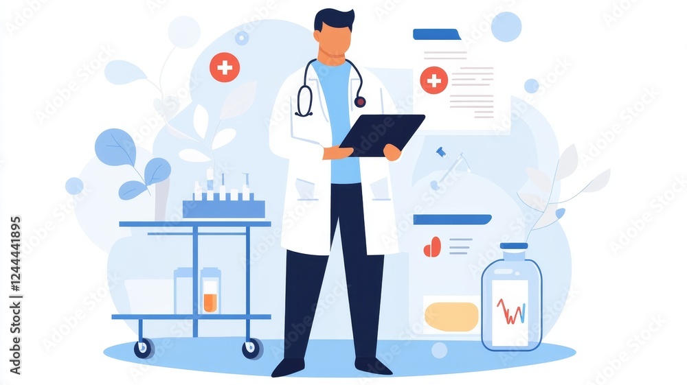 Medical professional in lab coat analyzing data in modern health care environment Medical professional in lab coat analyzing data in modern health care environment