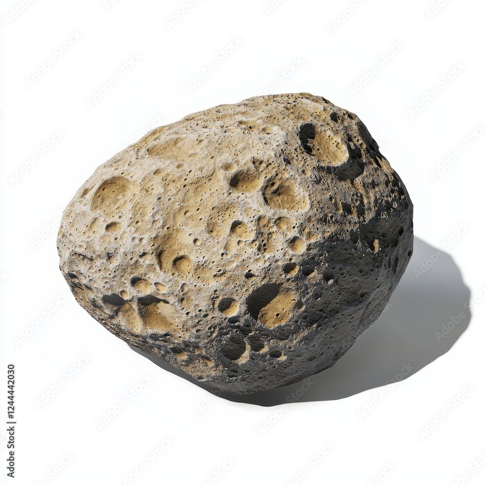 of the asteroid Vesta, with deep impact craters and a rocky, uneven surface on a white background of the asteroid Vesta, with deep impact craters and a rocky, uneven surface on a white background