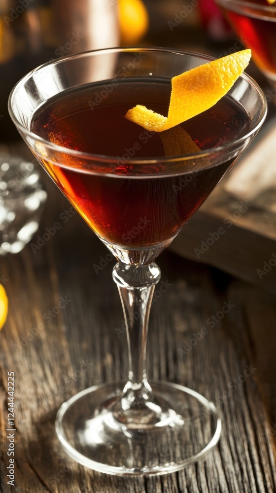 Classic martini with orange twist on rustic wooden table for cocktail enthusiasts. National Cocktail Day Classic martini with orange twist on rustic wooden table for cocktail enthusiasts. National Cocktail Day