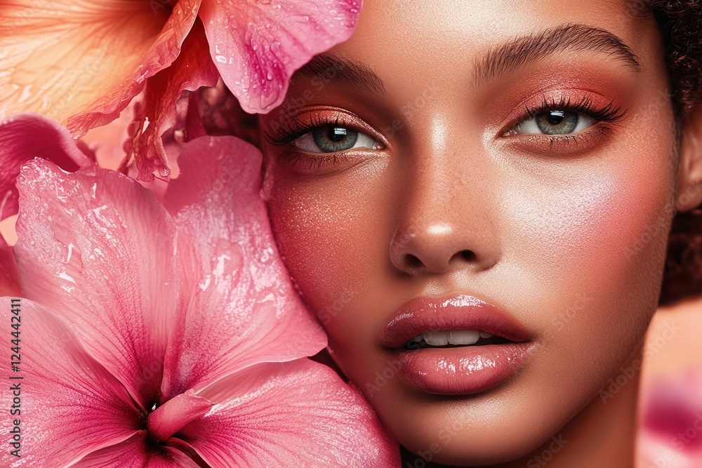 Graphic layout featuring a beauty model with vibrant floral elements Graphic layout featuring a beauty model with vibrant floral elements