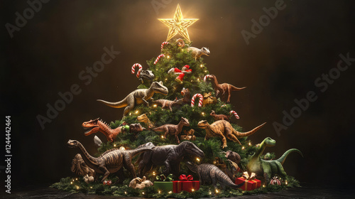 Christmas dinosaurs tree. Cartoon vector festive prehistoric fir-tree made up of dino species, decorated with ornaments, candy canes, and presents. Jurassic pine or spruce is topped with shining star photo