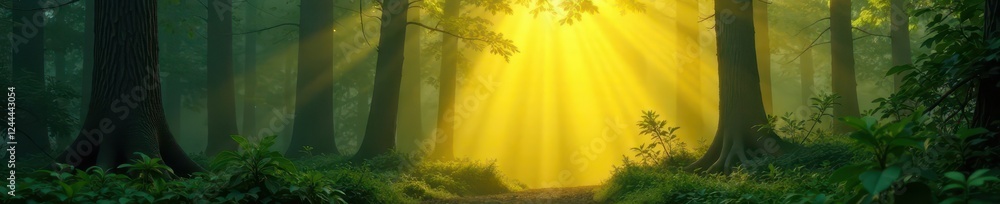 Yellow light rays illuminate the misty forest, mystifying environment, soft illumination, dense foliage Yellow light rays illuminate the misty forest, mystifying environment, soft illumination, dense foliage
