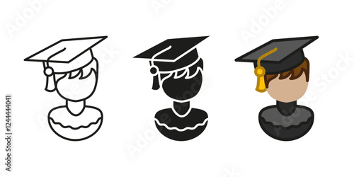 Graduate student icon. Pupil person graduation character vector illustration. University hat or cap. College schoolboy portrait. Academic education uniform. Graduation ceremony man. Student concept.