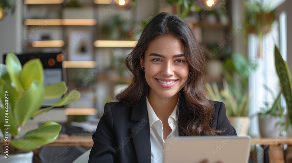 Businesswoman in formal wear, Hispanic, happily using her smartphone at her workstation Businesswoman in formal wear, Hispanic, happily using her smartphone at her workstation