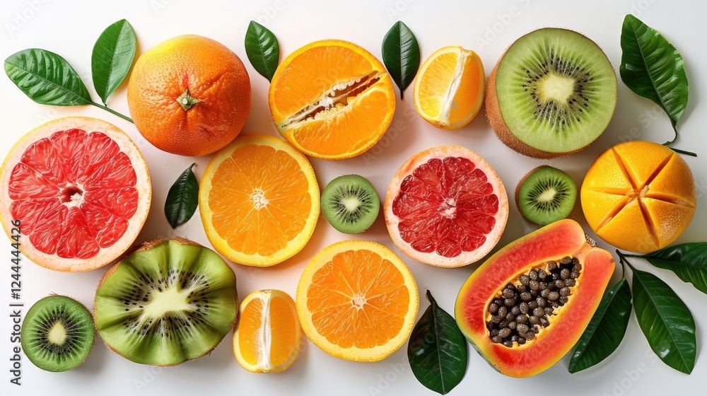 Top view composition made of tropical fruits including mango, grapefruit, oranges, kiwis, papaya on white background Top view composition made of tropical fruits including mango, grapefruit, oranges, kiwis, papaya on white background