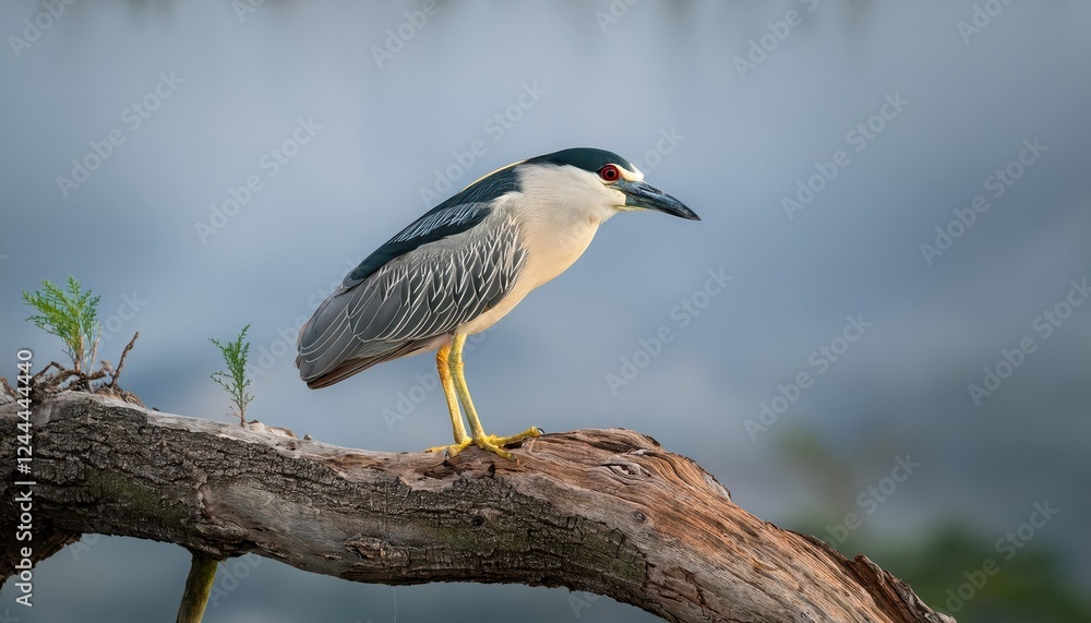 Majestic Black Crowned Night Heron Perched Delicately on a Fragile Broken Tree Limb, Silhouetted Against the Dawning Sky, Embracing the Serene Ambiance of the Wetland Habitat Majestic Black Crowned Night Heron Perched Delicately on a Fragile Broken Tree Limb, Silhouetted Against the Dawning Sky, Embracing the Serene Ambiance of the Wetland Habitat