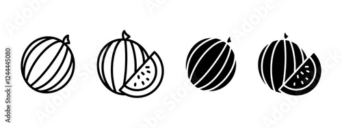 Watermelon icon. Striped water melon vector illustration. Melon slice symbol. Sliced melon sign. Fresh and juicy summer fruit pictogram outline, line, black isolated on white background.