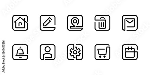 Web buttons icon set. Website UI navigation icons. User interface element collection. Basic essential online shopping pictogram. Cart, address, settings gear, home page, notification icons squared.